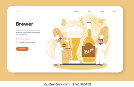 Brewery web banner or landing page. Craft beer production, brewing process. draught beer tank, vintage mug and bottle full of alcohol drink. Isolated vector illustration
