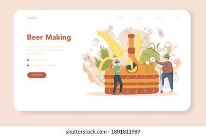 Banner web de cervecería o página de inicio. Producción de cerveza artesanal, proceso de elaboración. depósito de cerveza de barril, taza de cosecha y botella llena de alcohol. Ilustración vectorial aislada