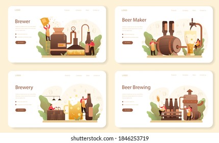 Banner web de cervecería o página de inicio. Producción de cerveza artesanal, proceso de elaboración. depósito de cerveza de barril, taza de cosecha y botella llena de alcohol. Ilustración vectorial aislada