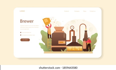 Banner web de cervecería o página de inicio. Producción de cerveza artesanal, proceso de elaboración. depósito de cerveza de barril, taza de cosecha y botella llena de alcohol. Ilustración vectorial aislada