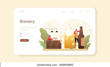 Banner web de cervecería o página de inicio. Producción de cerveza artesanal, proceso de elaboración. depósito de cerveza de barril, taza de cosecha y botella llena de alcohol. Ilustración vectorial aislada