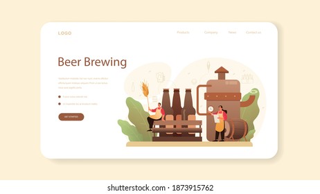 Banner web de cervecería o página de inicio. Producción de cerveza artesanal, proceso de elaboración. depósito de cerveza de barril, taza de cosecha y botella llena de alcohol. Ilustración vectorial aislada