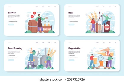 Brewery web banner or landing page set. Craft beer production, brewing process. Draught beer tank, vintage mug and bottle full of alcohol drink. Isolated vector illustration