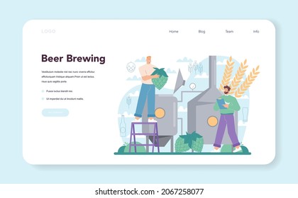 Brewery web banner or landing page. Craft beer production, brewing process. Draught beer tank, vintage mug and bottle full of alcohol drink. Isolated vector illustration