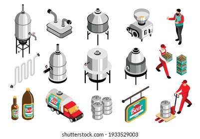 Trabajadores de producción de equipos de cervecería de cervecería de cervecería isométrica con fermentadores de molino de cervecería crías aisladas de ilustraciones vectoriales