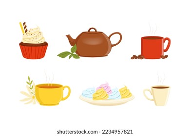 Brewing Aromatic Tea and Coffee Drink with Ceramic Teapot, Cup and Sweet Cupcake and Dessert Vector Set