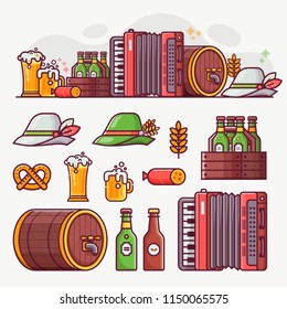 Brewing and beer festival icons and oktoberfest banner. German beer fest symbols and design elements in line art. Craft beer icon set with mugs, bavarian hat, barrel, food and drinks.