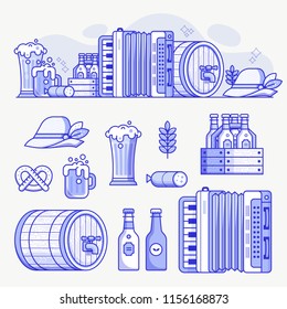 Brewing and beer festival icons and oktoberfest banner. German beer fest symbols and design elements in line art. Craft beer icon set with mugs, bavarian hat, barrel, food and drinks.