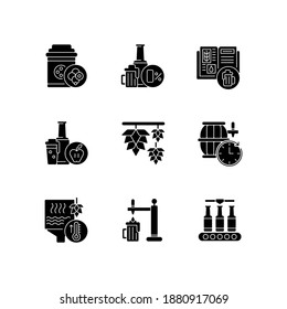 Brewing beer process black glyph icons set on white space. Industrial production of alcoholic drinks. Manufacture business to brew beverage. Silhouette symbols. Vector isolated illustration