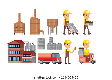 Brewing, beer production. Pixel art icon set. Old school computer graphic style. Element design for logo, stickers, web, embroidery and mobile app. Isolated vector illustration. 8-bit sprite. 