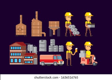 Brewing, beer production. Pixel art icon set. Old school computer graphic style. Element design for logo, stickers, web, embroidery and mobile app. Isolated vector illustration. 8-bit sprite. 