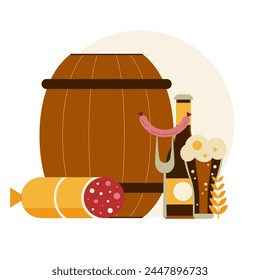 Brewing beer pub concept. Bottle and full glass of craft beer with foam, wooden keg or barrel and wheat. Beer festival or traditional brewery illustration.