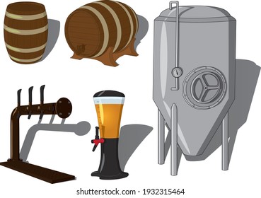 Bierbrauen liefern Vektorgrafik, einschließlich Braumaschine, Fässern, Pub- oder Barzubehör wie Bierspender und Bierhahn