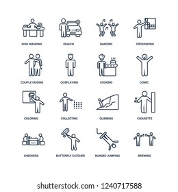 Brewing, Bungee jumping, Butterfly catcher, Checkers, Cigarette, Dish Washing, Couple Huging, Coloring, Cooking outline vector icons from 16 set