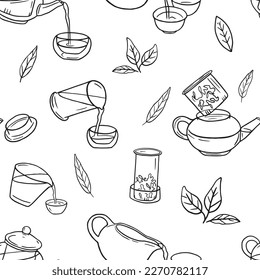  Brewing Chinese tea seamless pattern. Doodle teapots, Hand drawn green tea ceremony vector pattern