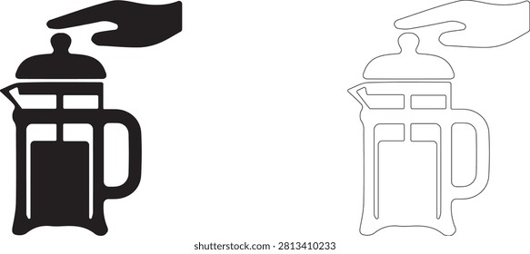 Brewing coffee in french press vector icon filled and outline, glass cafetiere with plunger filter symbol.