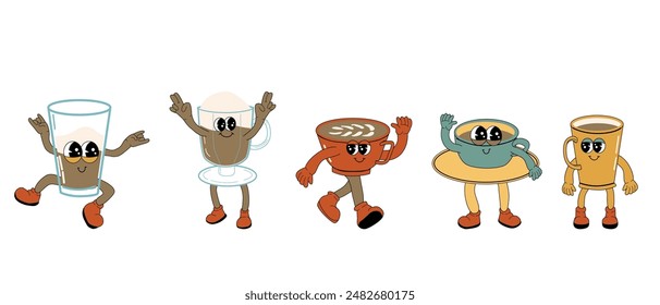 Brewing Coffee Groovy Characters set. Isolated on white. Cute y2k hot drink brewing stickers. Coffee mugs, glass, cups retro collection.