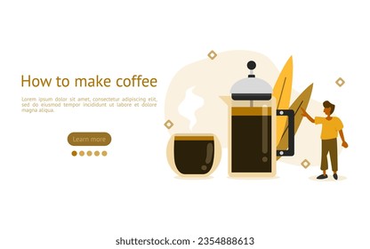 brewing coffee illustration. characters are looking at coffee maker with French press. How to make coffee concept. vector illustration.