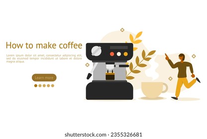 brewing coffee illustration. characters are looking at coffee maker with Espresso Machine. How to make coffee concept. vector illustration.