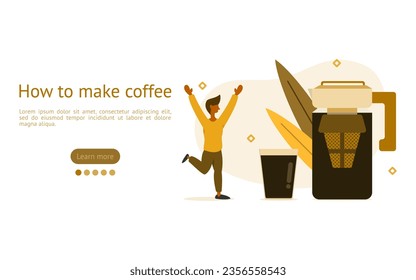 brewing coffee illustration. characters are looking at cold coffee maker with immersion or refrigerate. How to make cold brew coffee concept. vector illustration.