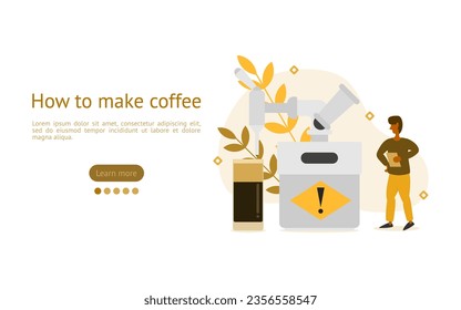 brewing coffee illustration. characters are looking at cold coffee maker with nitro. How to make cold brew coffee concept. vector illustration. svg