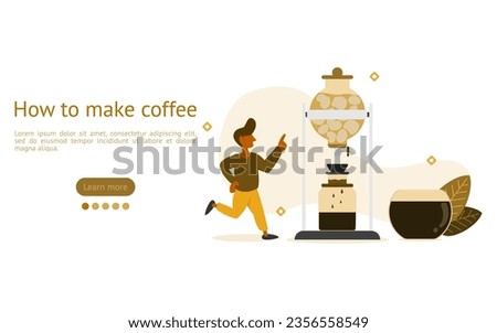brewing coffee illustration. characters are looking at cold coffee maker with drip tower. How to make cold brew coffee concept. vector illustration.