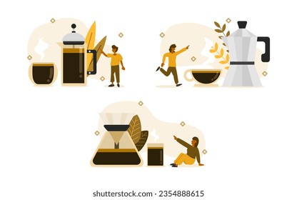 conjunto de ilustraciones de café de elaboración. los personajes están mirando a la cafetera con equipos que incluyen prensa francesa, olla de Moka y filtro de papel Drip. Cómo hacer el concepto de café. ilustración vectorial.