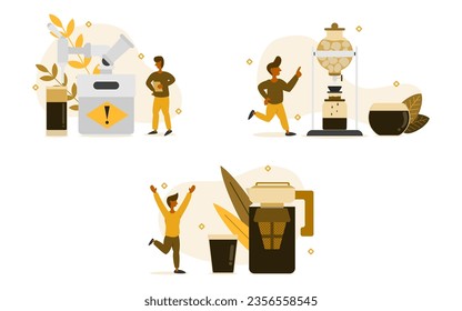 brewing coffee illustration set. characters are looking at cold coffee maker with equipment including nitro, drip tower, and refrigerate. How to make cold brew coffee concept. vector illustration. svg