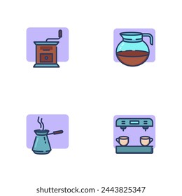 Brewing coffee line icon set. Coffee pot, manual grinder, Turkish coffee pot, coffee maker. Beverage or breakfast concept. Vector illustration symbol element for web design and apps