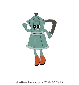 Brewing Coffee Maker Groovy Character. Isolated on white. Cute y2k hot drink brewing sticker. Coffee machine or pot.