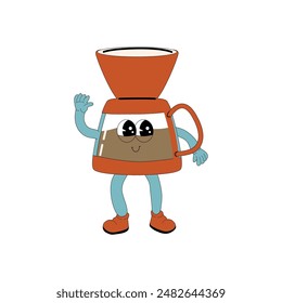 Brewing Coffee Maker Groovy Character. Isolated on white. Cute y2k hot drink brewing sticker. Coffee machine or pot.