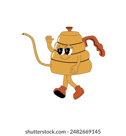 Brewing Coffee Maker Groovy Character. Isolated on white. Cute y2k hot drink brewing sticker. Coffee machine or pot.