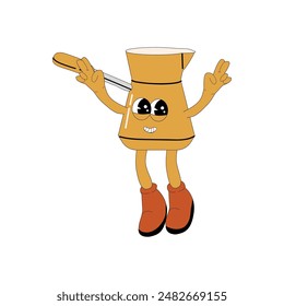 Brewing Coffee Maker Groovy Character. Isolated on white. Cute y2k hot drink brewing sticker. Coffee machine or pot.