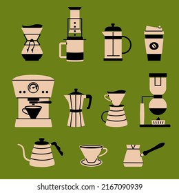 Brewing coffee methods and equipment for this. Hand drawn aeropress, hario, pour over, geyser maker, french press, filter isolated on green background. Set for menu, coffee shop