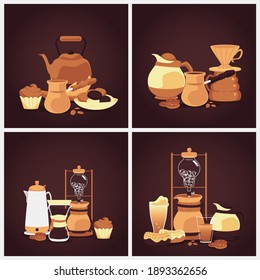 Brewing coffee methods. A set of different alternative coffee brew processes. Vector cards with pastry, equipment and utensils for making popular drink in cafe or restaurant.