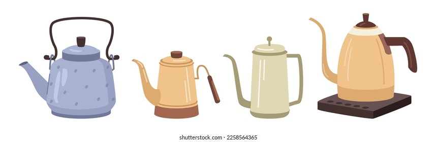 Café o té, hervidores aislados y macetas para hacer bebidas deliciosas y aromáticas. Cafetería o tienda que sirve bebidas con cafeína. Vector de estilo plano