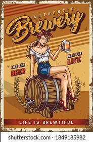 Brewing colorful vintage poster with pretty woman holding cup of fresh beer and sitting on wooden barrel with tap vector illustration