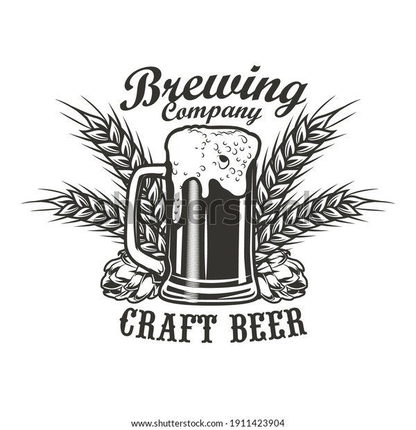 Brewing company\
emblem design. Monochrome element with glass of beer, hops and\
wheat ears vector illustration with text. Alcohol and bar concept\
for symbols and labels\
templates