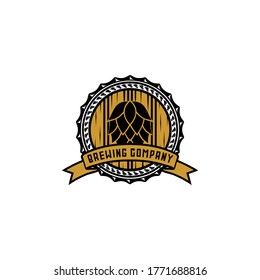 Brewing company emblem logo vector featuring vintage badge with hop, wheat, and beer glass elements. Perfect for brewery branding, craft beer packaging, pub identity