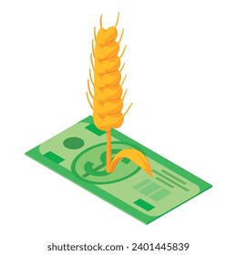 Brewing concept icon isometric vector. Ripe spikelet of barley on dollar bill. Beer production, business