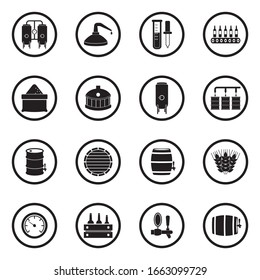 Brewing And Distilling Icons. Black Flat Design In Circle. Vector Illustration.