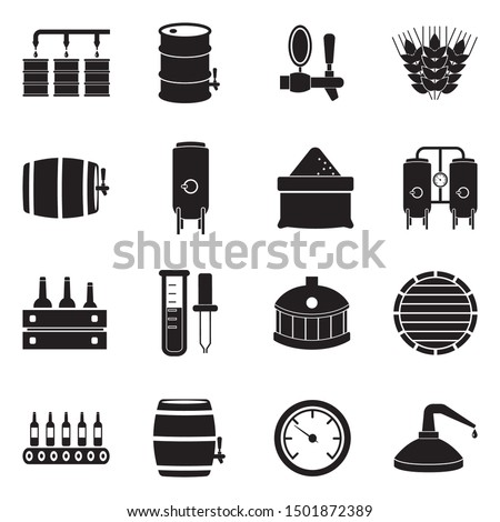 Brewing And Distilling Icons. Black Flat Design. Vector Illustration.