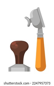 Brewing drink tools and instruments for preparing coffee, isolated icon of spoon and press for machine. Wooden handle and stainless steel of body. Cafeteria or shop with supplies. Vector in flat style