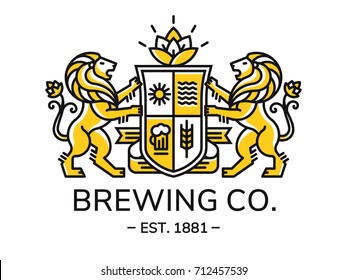 Brewing emblem heraldry line style with lion, shield and crown - vector illustration, logo design on white background