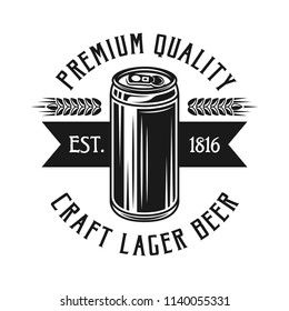 Brewing emblem, label, badge or logo in monochrome vintage style with beer can isolated on white background