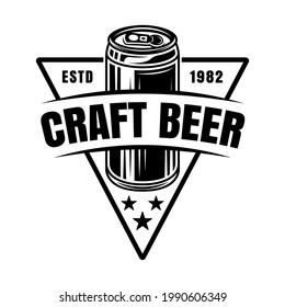 Brewing emblem, label, badge or logo in monochrome vintage style with beer can isolated on white background