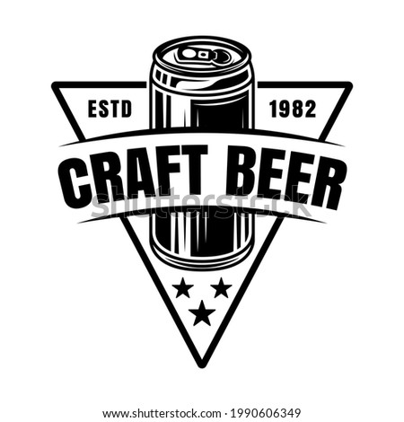 Brewing emblem, label, badge or logo in monochrome vintage style with beer can isolated on white background