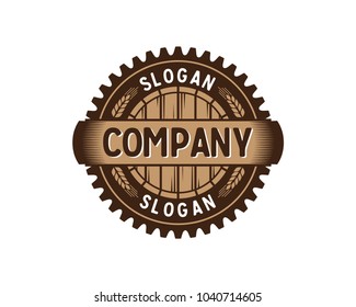 Brewing Factory - Gear with Barrel and Wheat Circle Symbol Ventage Retro Logo Vector