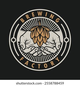 Brewing factory logo illustration with open hands and flower hops plant on a circle