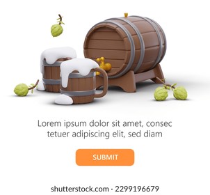 Festival de elaboración. barril de madera 3d, tazas con cerveza de imitación. Conos dispersos de lúpulos verdes. En blanco con texto editable para la publicidad de productos de cerveza. Suscripción de botón para recibir noticias